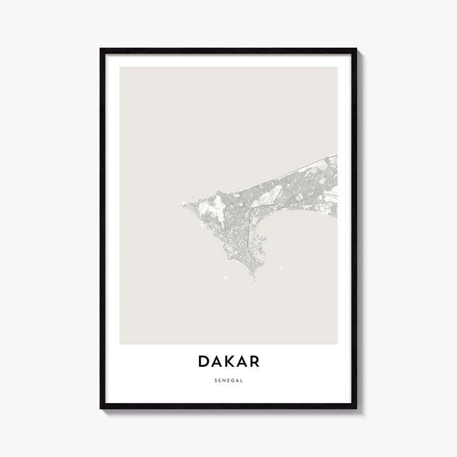 Dakar black & white map poster of Senegal – vertical wall art, unframed print shown in interior mockup