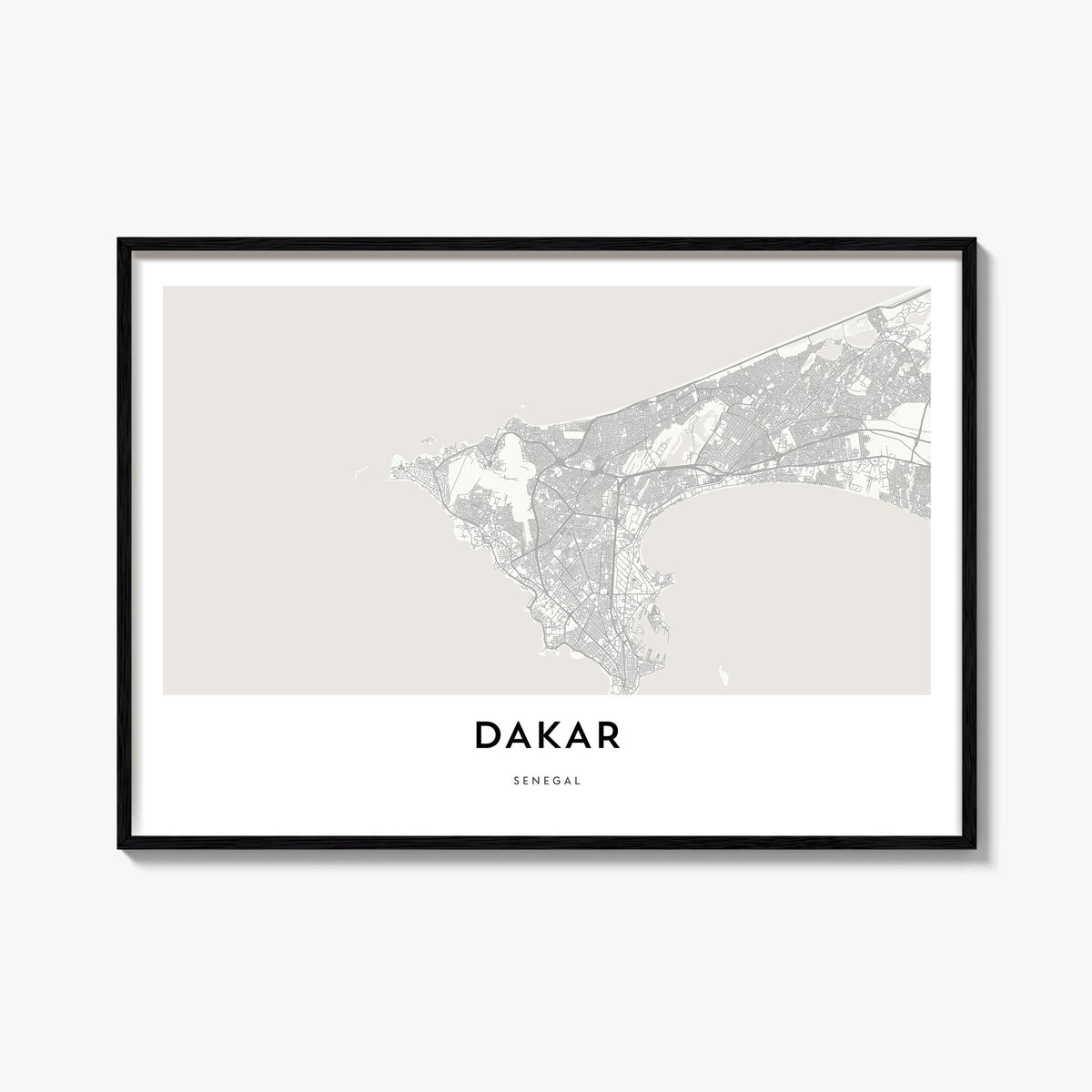 Dakar black & white map poster of Senegal – horizontal wall art, unframed print shown in interior mockup