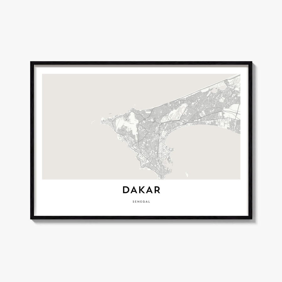 Dakar black & white map poster of Senegal – horizontal wall art, unframed print shown in interior mockup