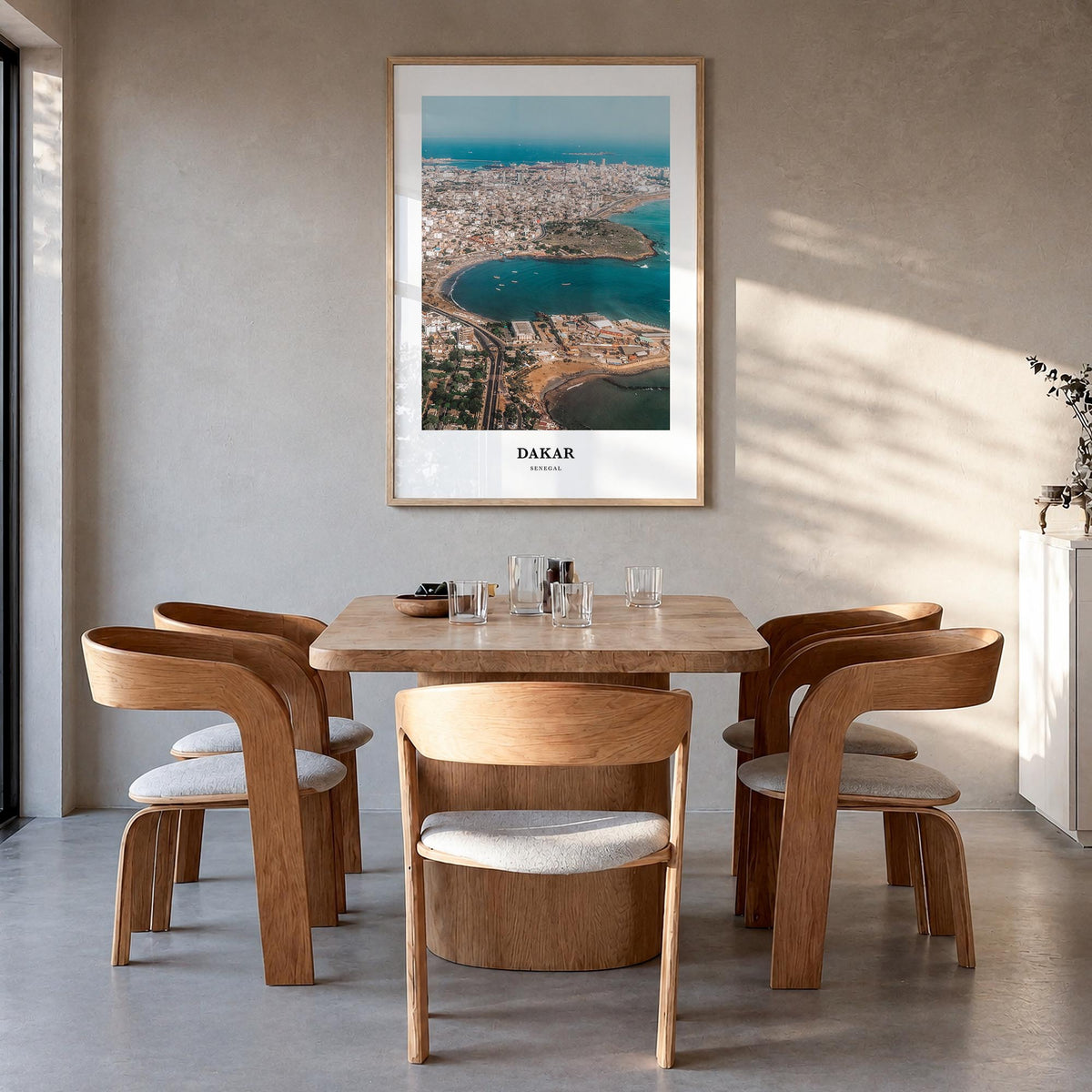 Dakar colorful classic poster of Senegal – vertical wall art in natural wood frame, hanging on wall