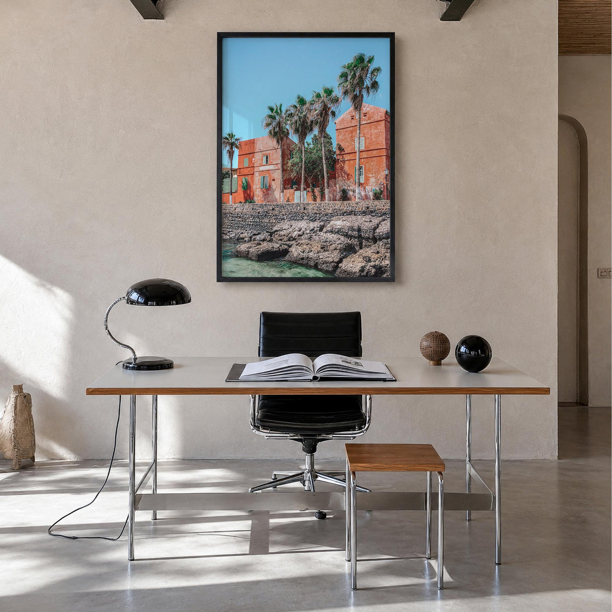 Dakar colorful photo poster of Senegal – vertical wall art in black wood frame, hanging on wall