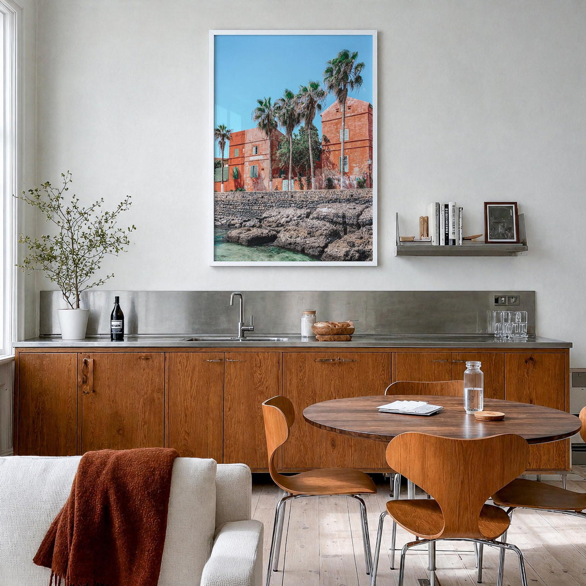 Dakar colorful photo poster of Senegal – vertical wall art in white wood frame, hanging on wall