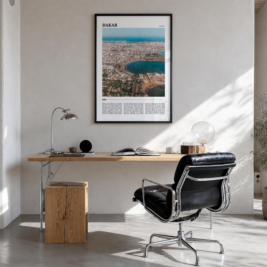 Dakar colorful travel poster of Senegal – vertical wall art in black wood frame, hanging on wall