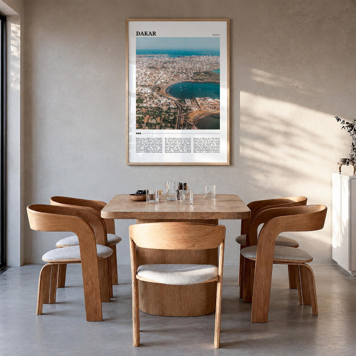 Dakar colorful travel poster of Senegal – vertical wall art in natural wood frame, hanging on wall