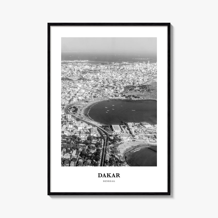 Dakar no. 1 black & white classic poster of Senegal – vertical wall art, unframed print shown in interior mockup