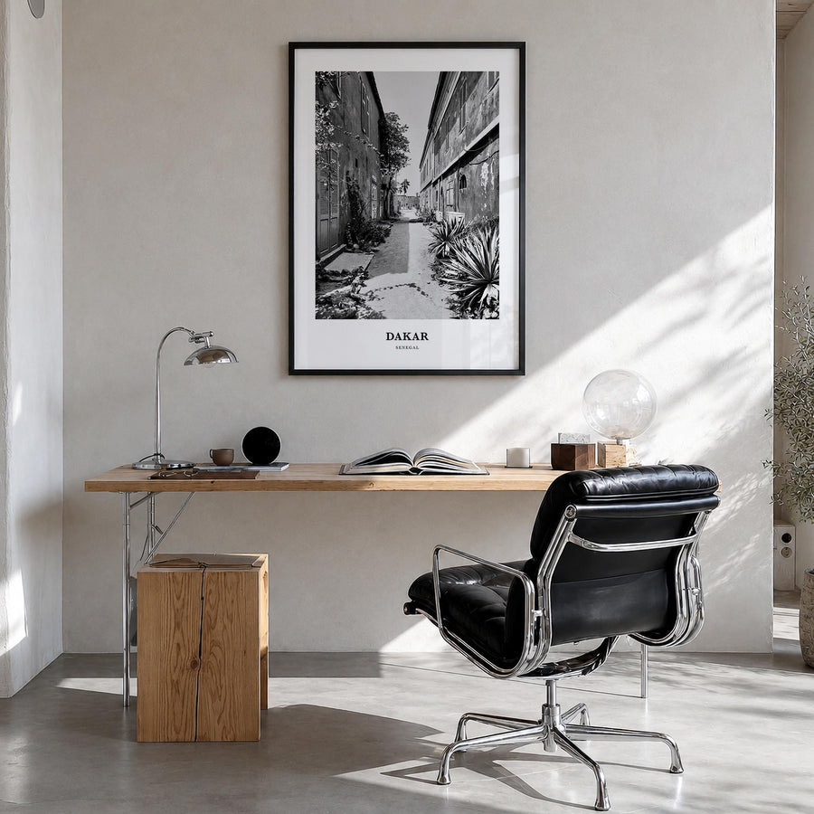 Dakar no. 2 black & white classic poster of Senegal – vertical wall art in black wood frame, hanging on wall