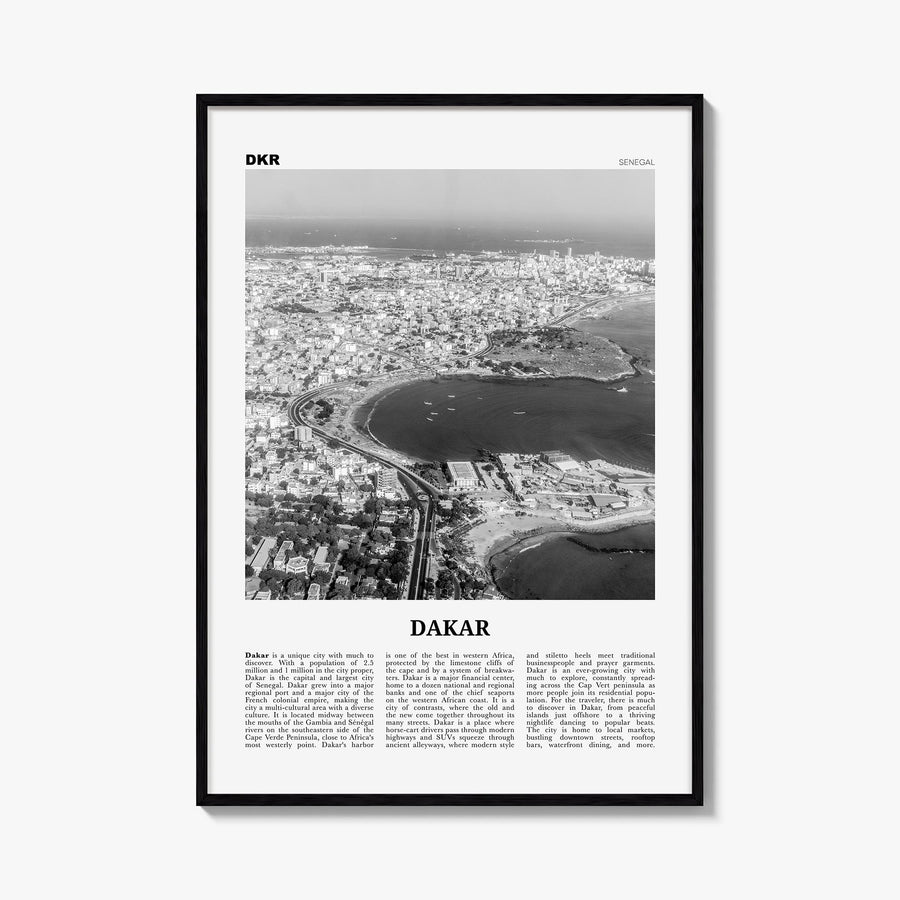 Dakar no. 2 black & white newspaper poster of Senegal – vertical wall art, unframed print shown in interior mockup