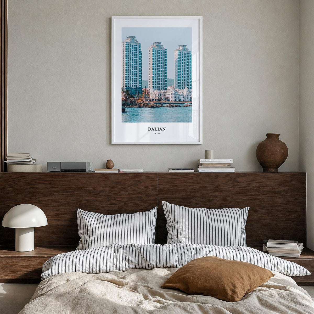 Dalian colorful classic poster of China – vertical wall art in white wood frame, hanging on wall