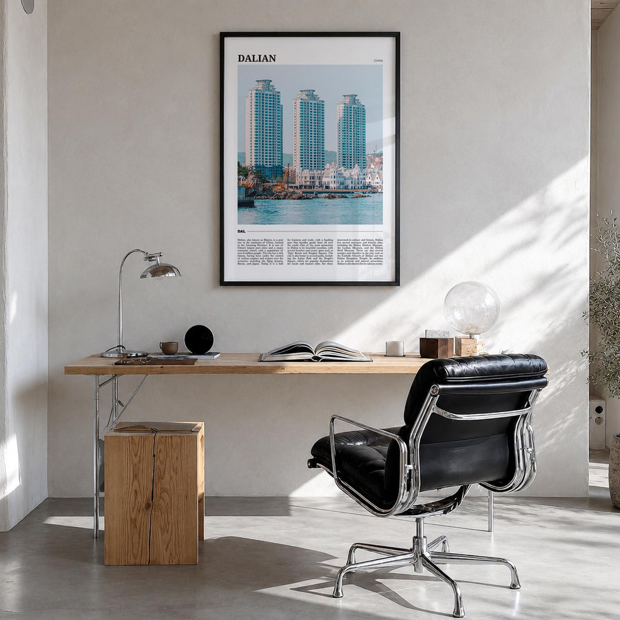 Dalian colorful travel poster of China – vertical wall art in black wood frame, hanging on wall