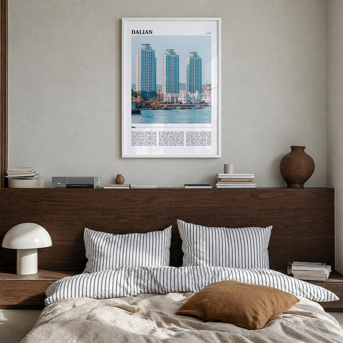 Dalian colorful travel poster of China – vertical wall art in white wood frame, hanging on wall