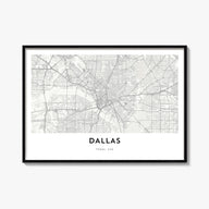 Dallas black & white map poster of Texas, USA – horizontal wall art, unframed print shown in interior mockup