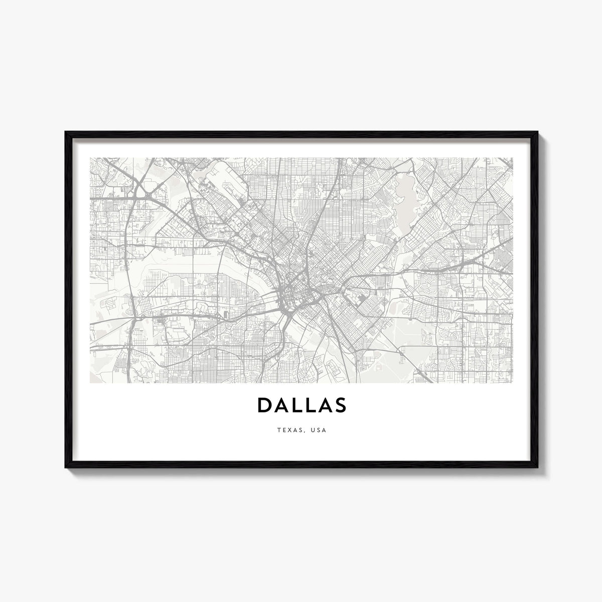 Dallas black & white map poster of Texas, USA – horizontal wall art, unframed print shown in interior mockup