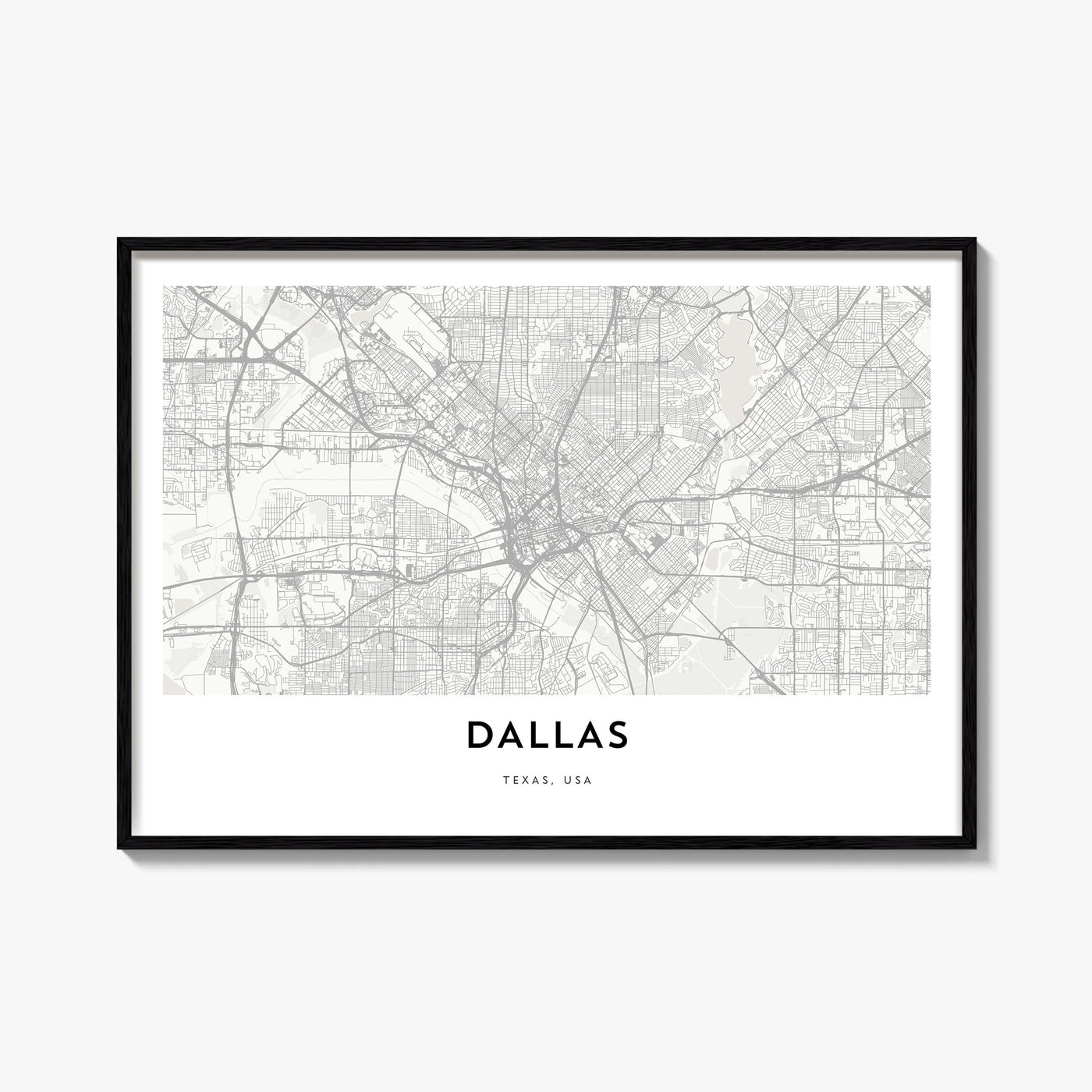 Dallas black & white map poster of Texas, USA – horizontal wall art, unframed print shown in interior mockup