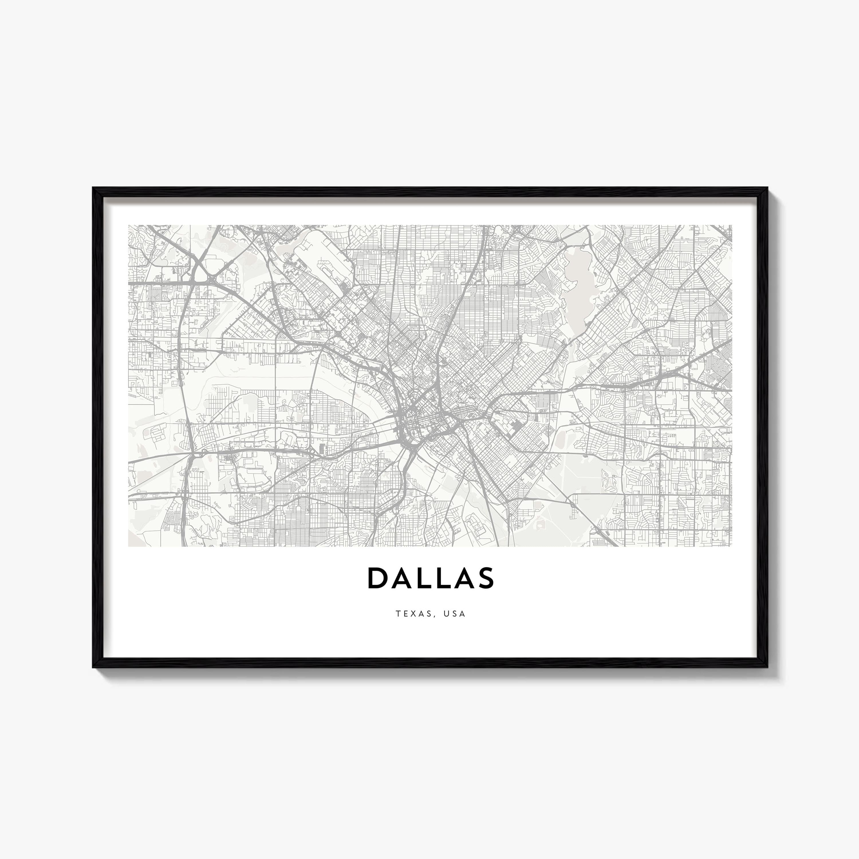 Dallas black & white map poster of Texas, USA – horizontal wall art, unframed print shown in interior mockup