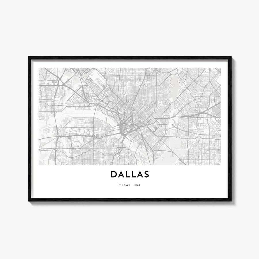 Dallas black & white map poster of Texas, USA – horizontal wall art, unframed print shown in interior mockup