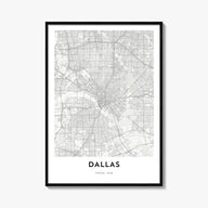 Dallas black & white map poster of Texas, USA – vertical wall art, unframed print shown in interior mockup