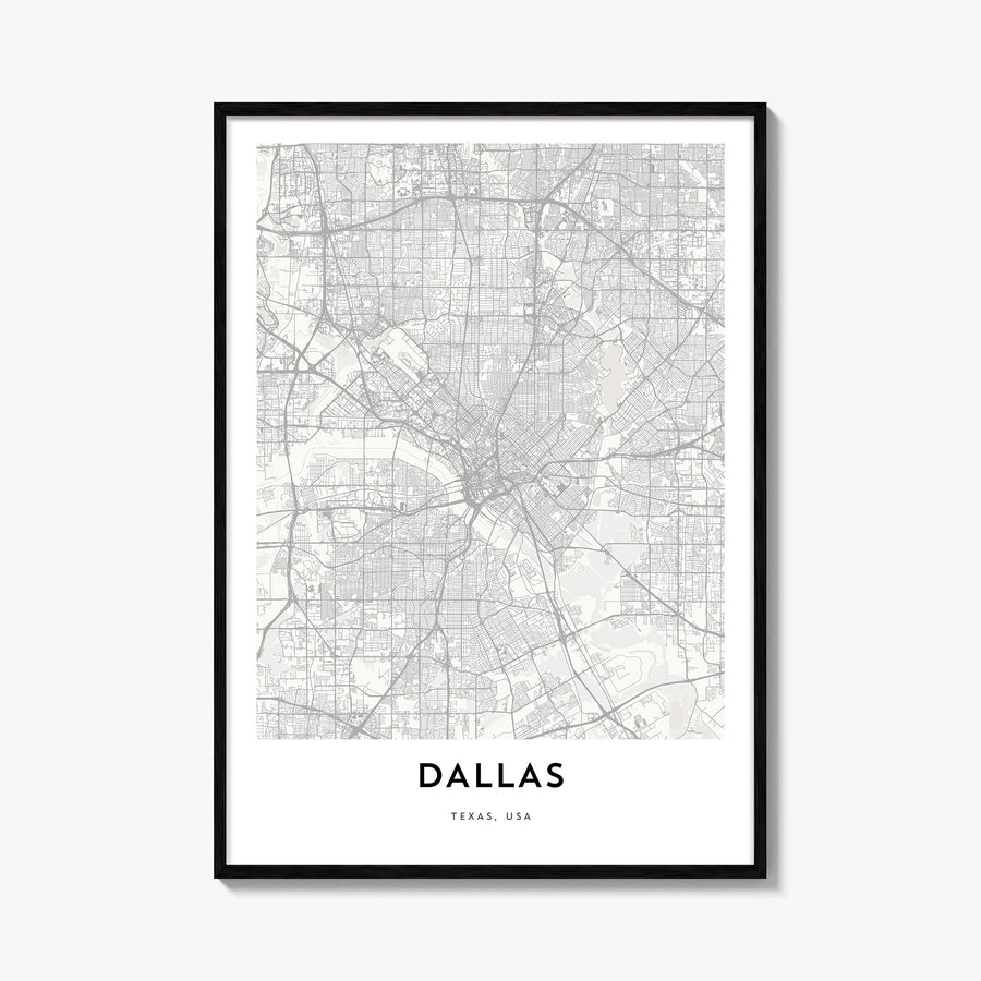 Dallas black & white map poster of Texas, USA – vertical wall art, unframed print shown in interior mockup