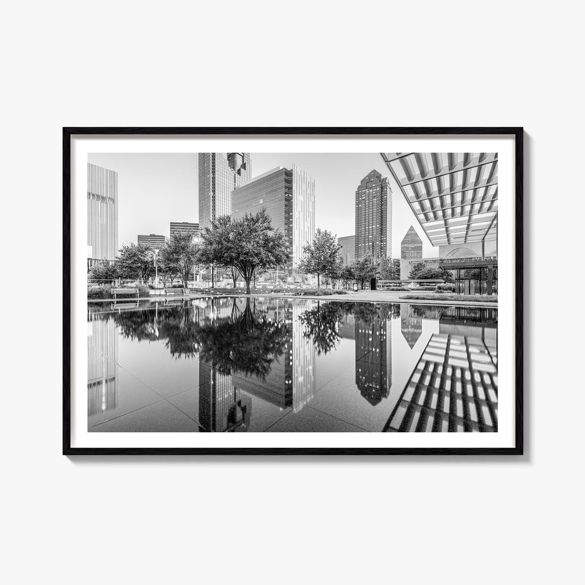 Dallas black & white photo poster of Texas, USA – horizontal wall art, unframed print shown in interior mockup