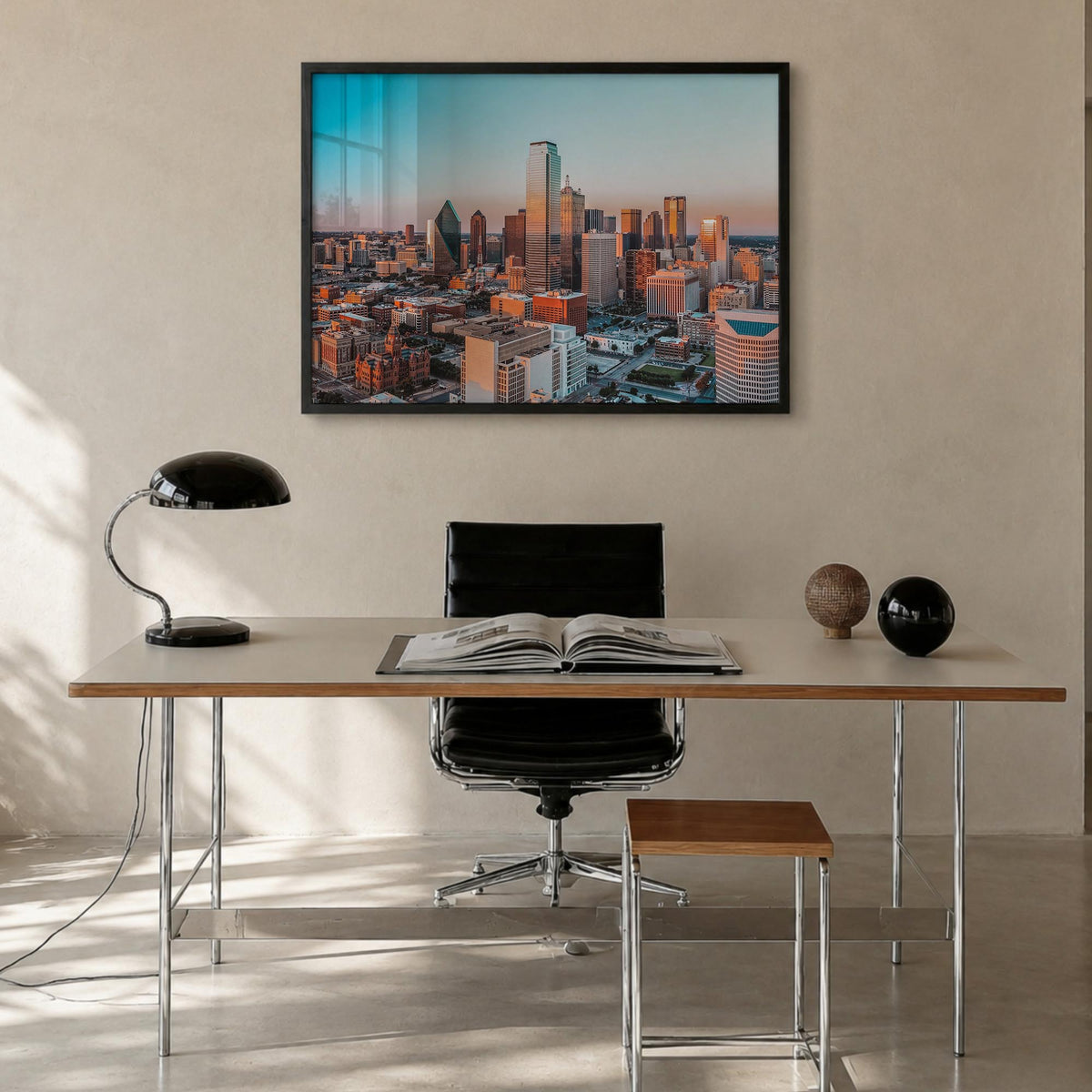 Dallas colorful photo poster of Texas, USA – horizontal wall art in black wood frame, hanging on wall