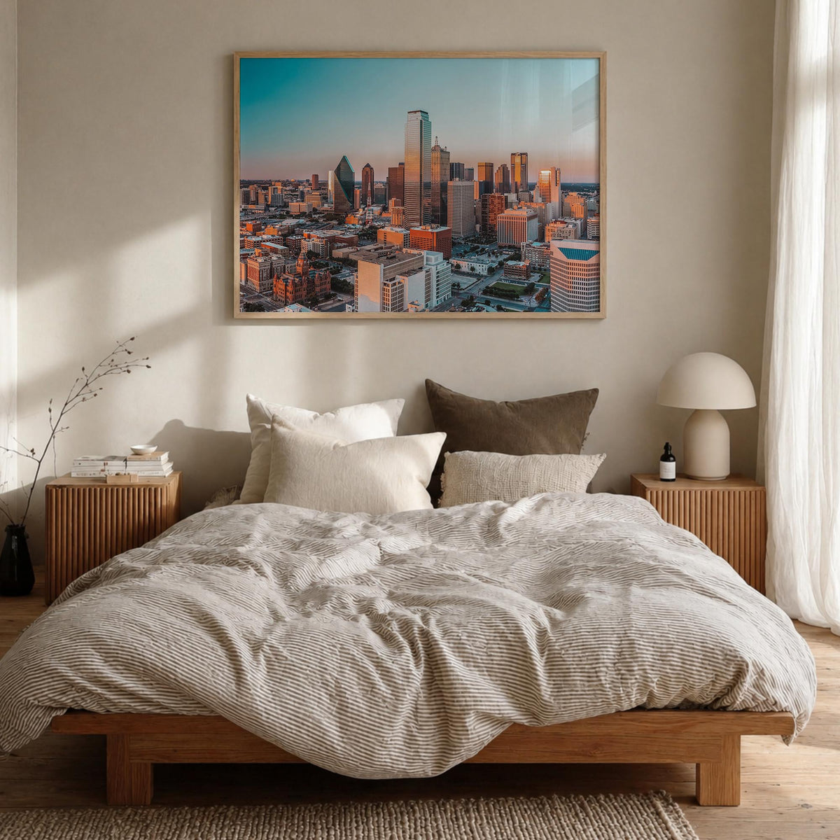 Dallas colorful photo poster of Texas, USA – horizontal wall art in natural wood frame, hanging on wall