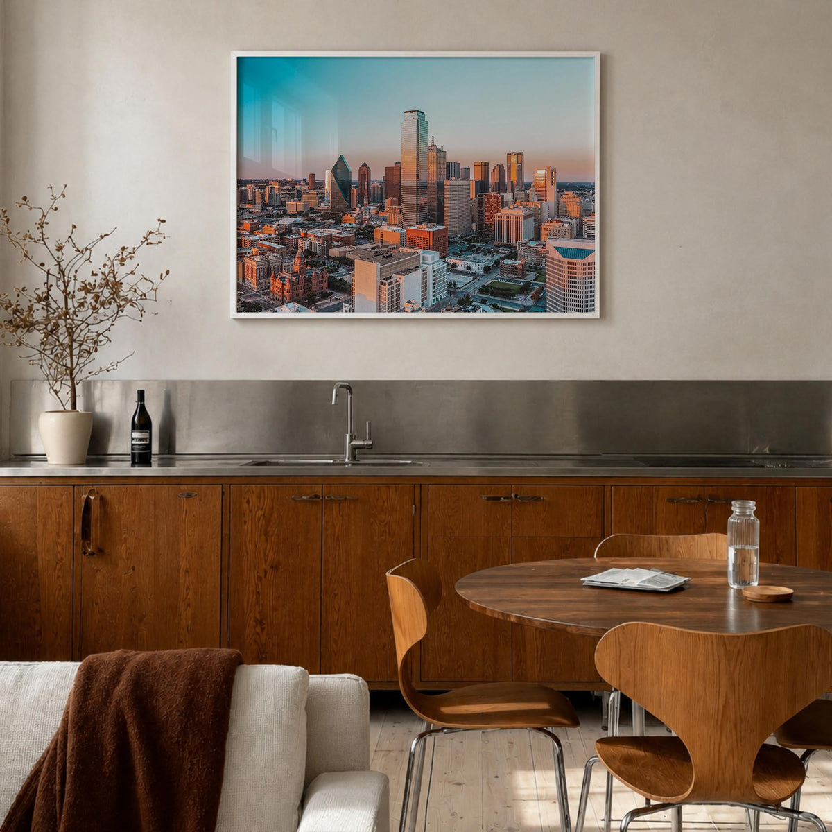 Dallas colorful photo poster of Texas, USA – horizontal wall art in white wood frame, hanging on wall