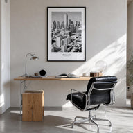 Dallas no. 1 black & white classic poster of Texas, USA – vertical wall art in black wood frame, hanging on wall