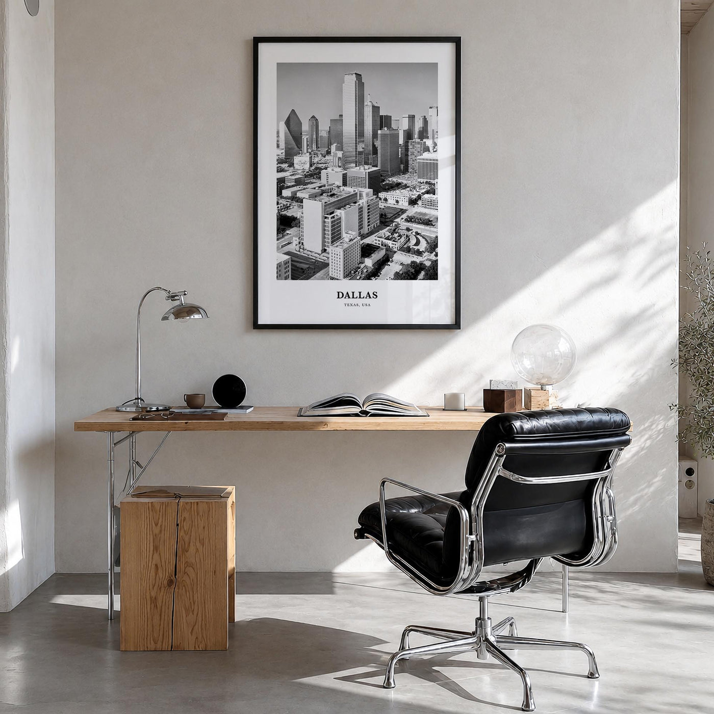 Dallas no. 1 black & white classic poster of Texas, USA – vertical wall art in black wood frame, hanging on wall