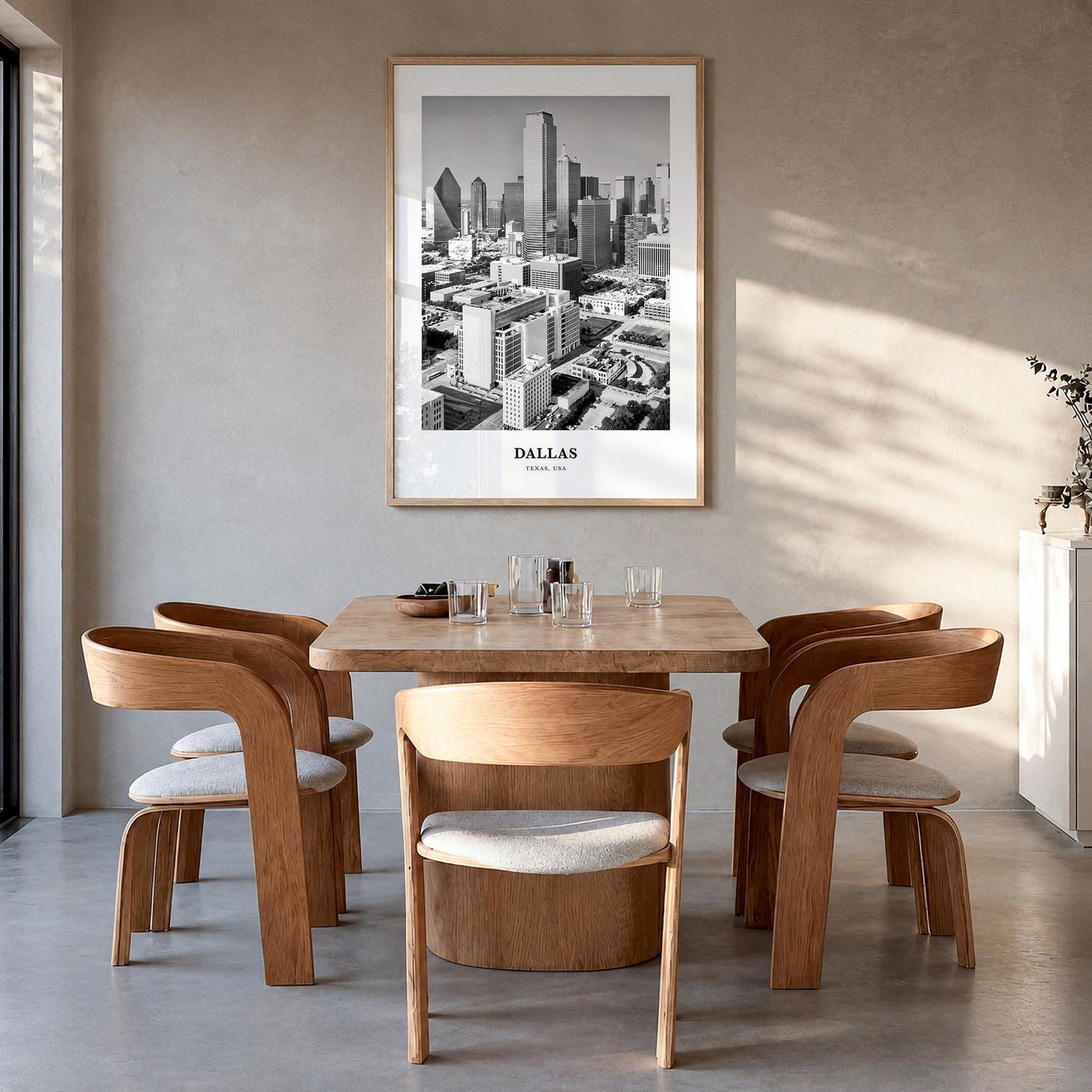 Dallas no. 1 black & white classic poster of Texas, USA – vertical wall art in natural wood frame, hanging on wall