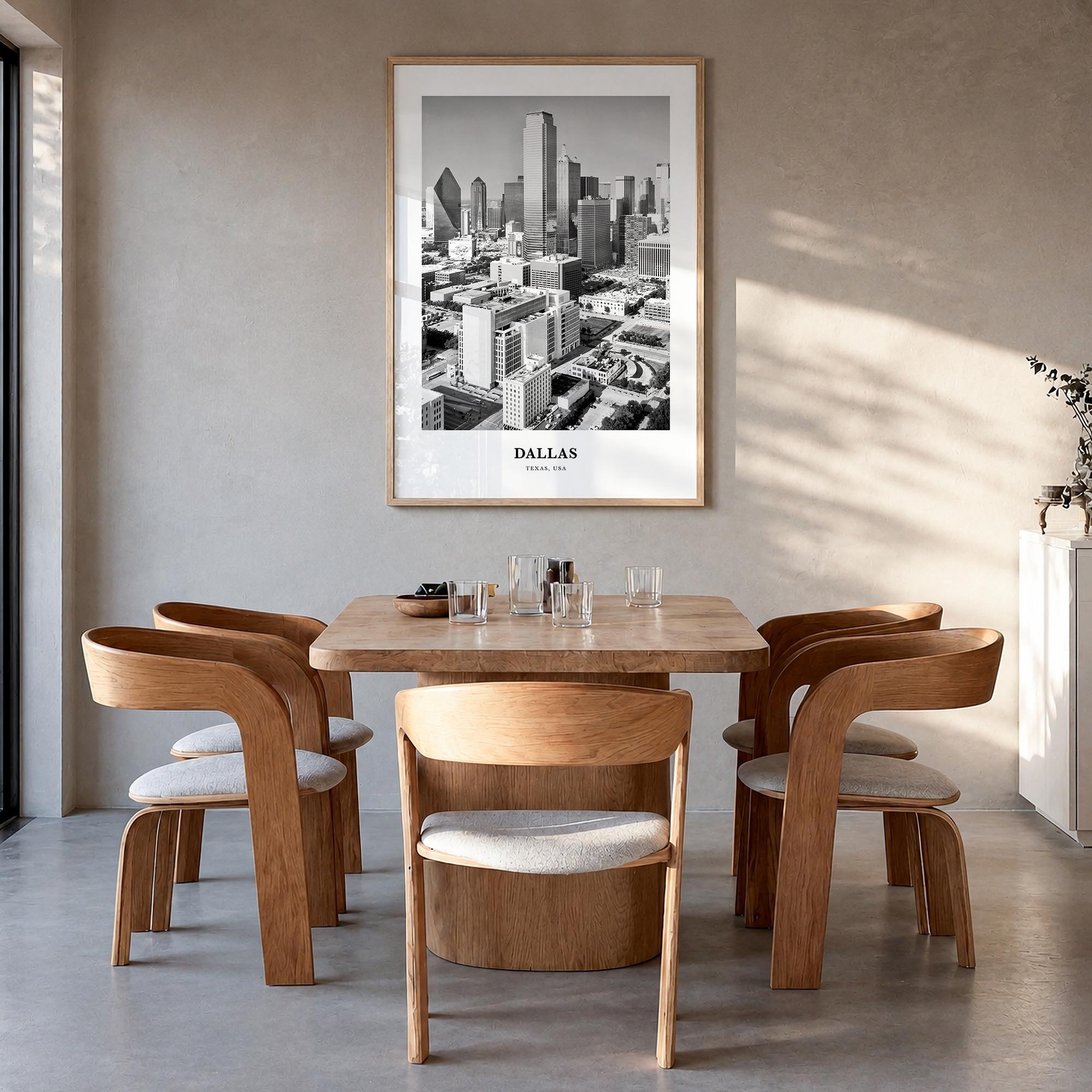 Dallas no. 1 black & white classic poster of Texas, USA – vertical wall art in natural wood frame, hanging on wall