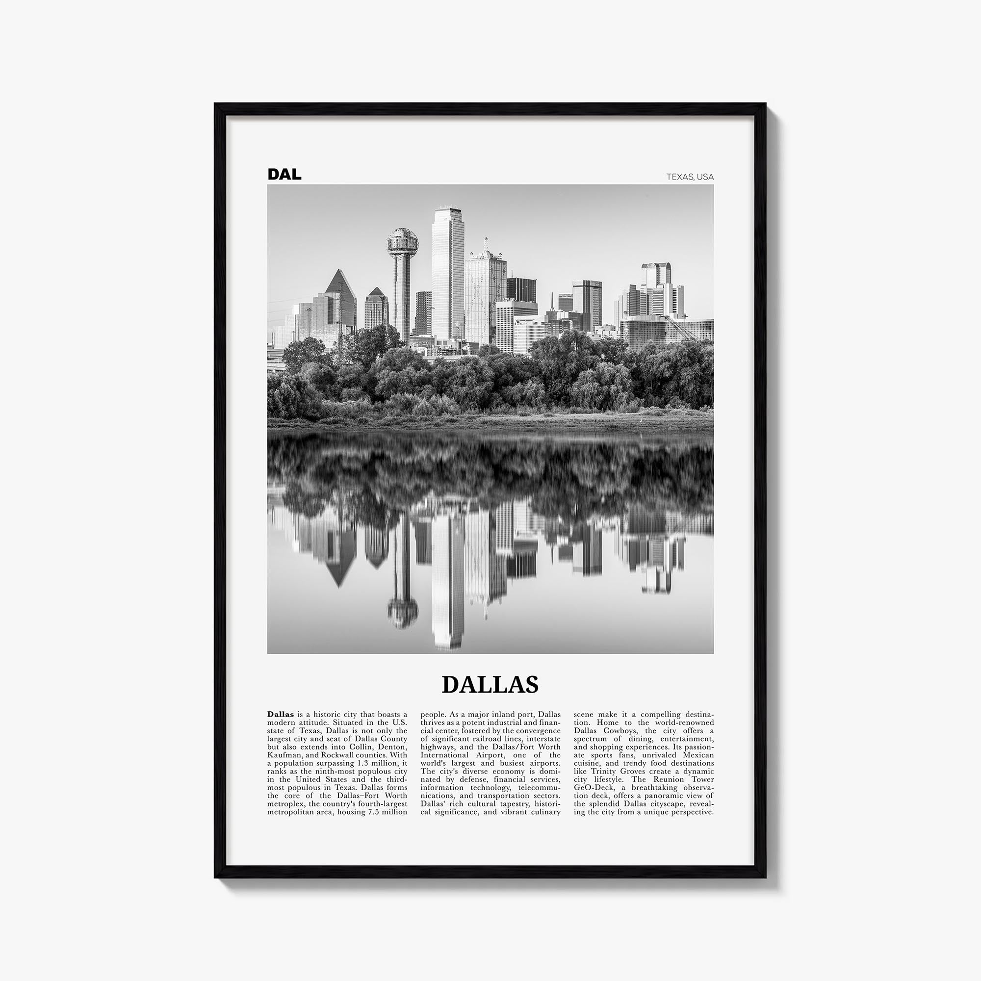 Dallas no. 1 black & white newspaper poster of Texas, USA – vertical wall art, unframed print shown in interior mockup