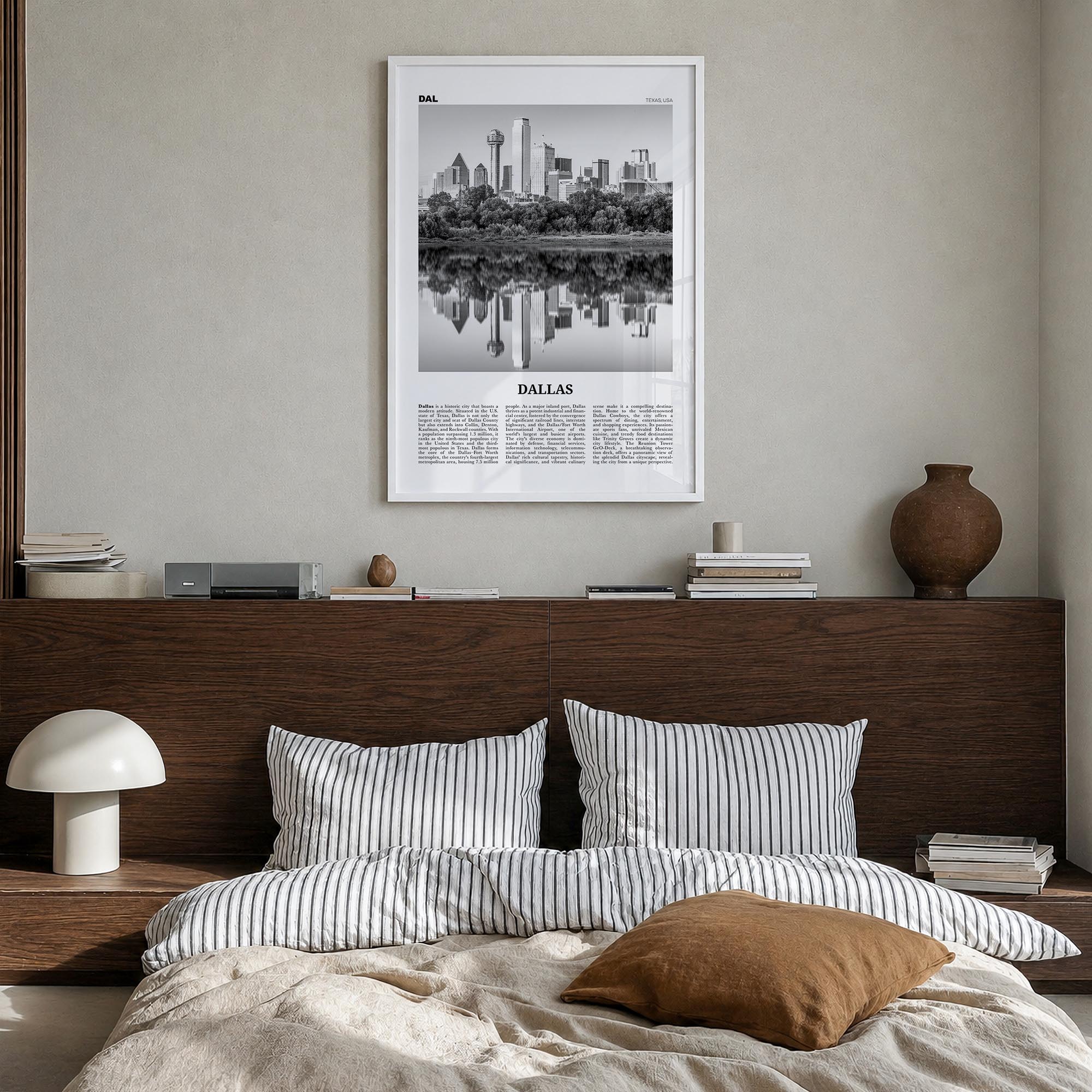 Dallas no. 1 black & white newspaper poster of Texas, USA – vertical wall art in white wood frame, hanging on wall