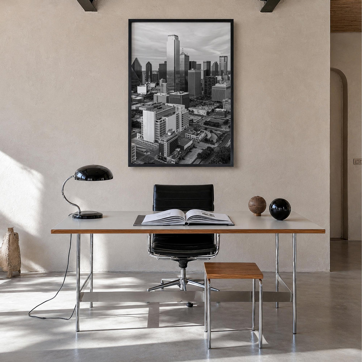 Dallas no. 1 black & white photo poster of Texas, USA – vertical wall art in black wood frame, hanging on wall