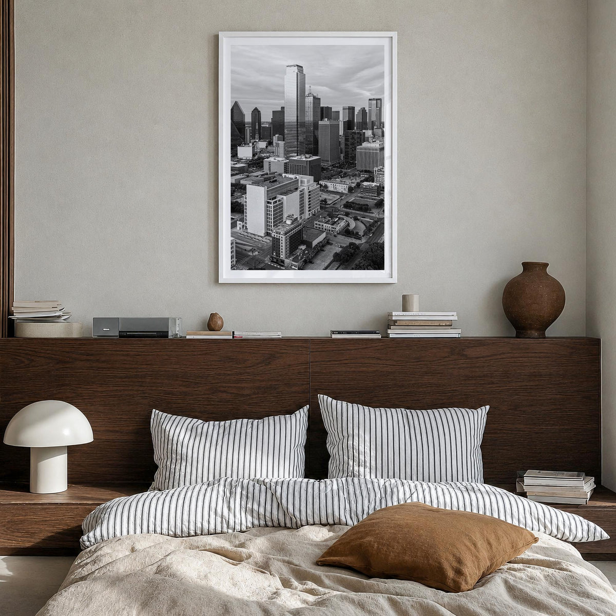 Dallas no. 1 black & white photo poster of Texas, USA – vertical wall art in white wood frame with white border, hanging on w