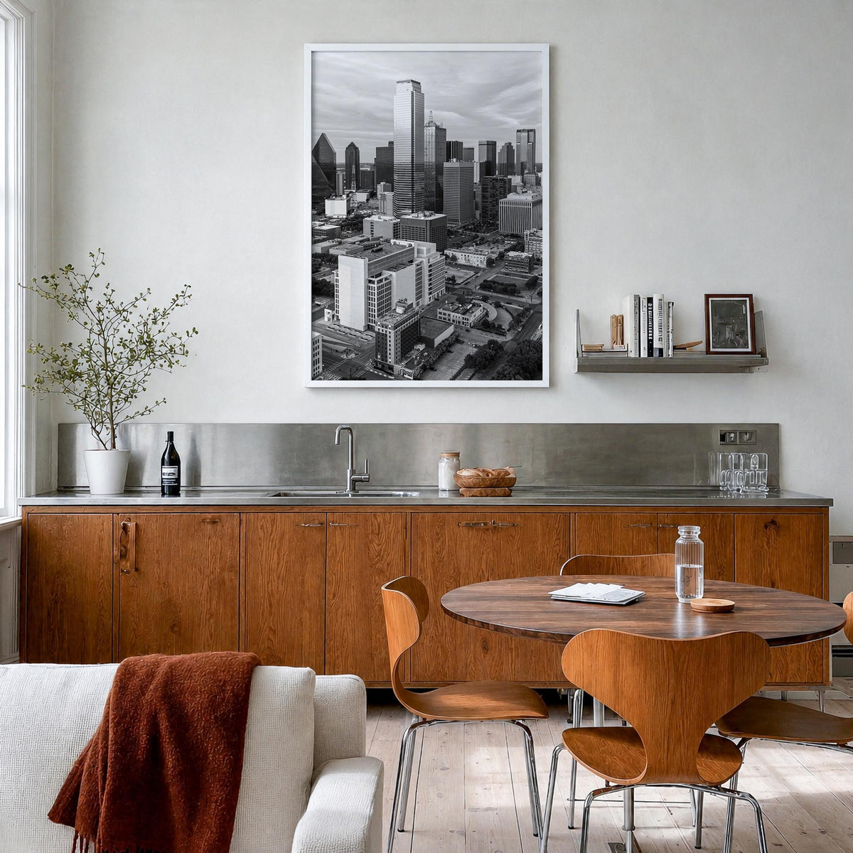 Dallas no. 1 black & white photo poster of Texas, USA – vertical wall art in white wood frame, hanging on wall