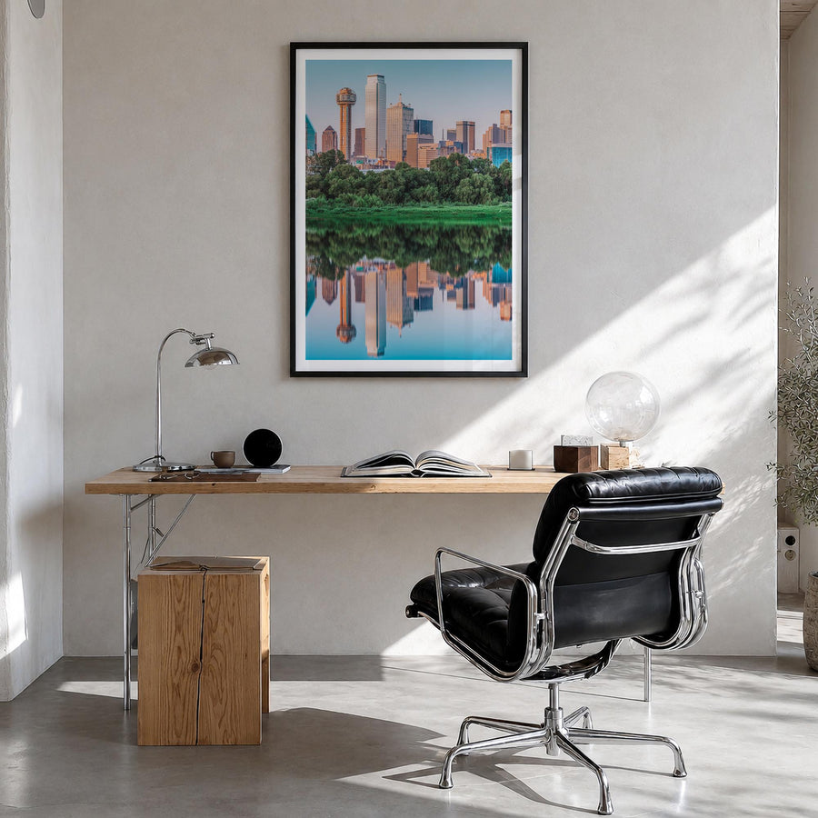 Dallas no. 1 colorful photo poster of Texas, USA – vertical wall art in black wood frame with white border, hanging on wall