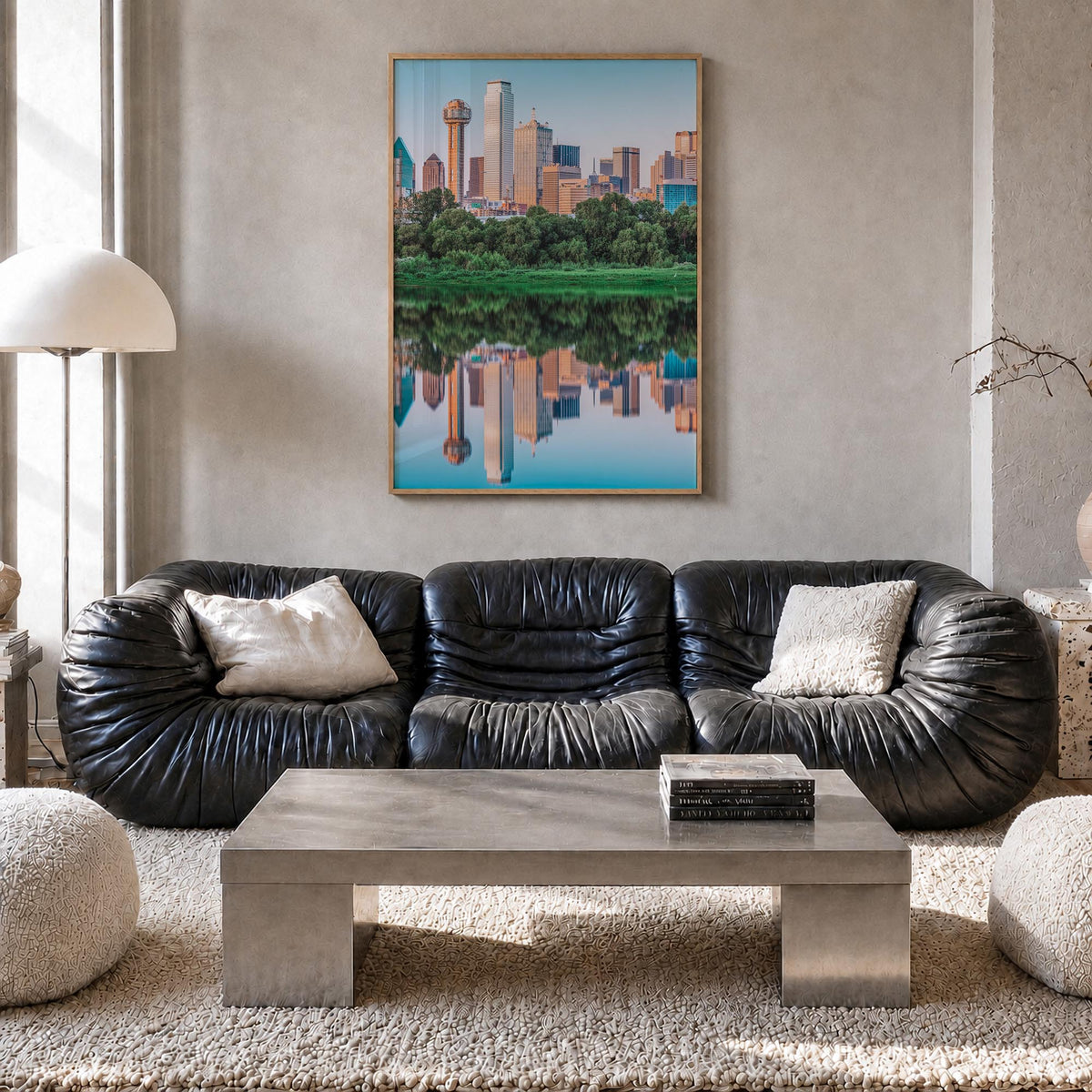 Dallas no. 1 colorful photo poster of Texas, USA – vertical wall art in natural wood frame, hanging on wall