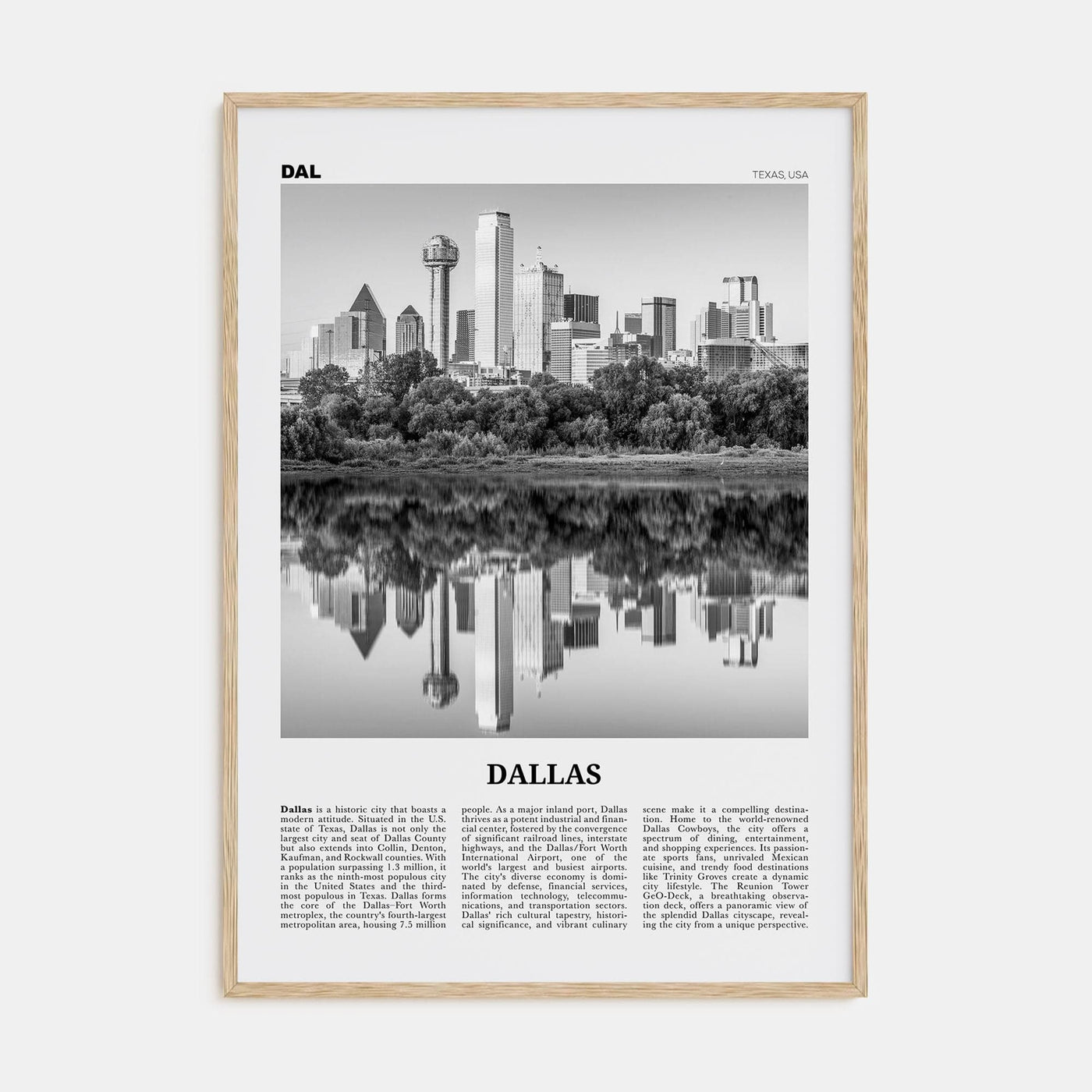 Dallas No 1 Poster Natural Wood / 8x12 in Nbourhood Travel B&W Poster