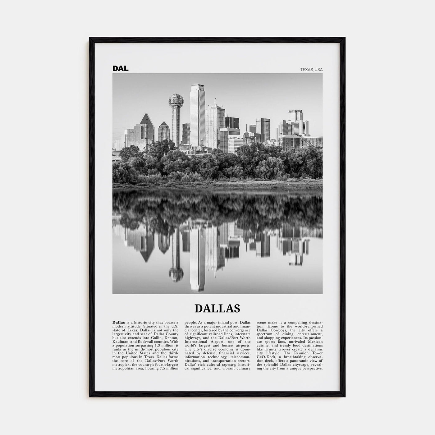 Dallas No 1 Poster Black Wood / 8x12 in Nbourhood Travel B&W Poster