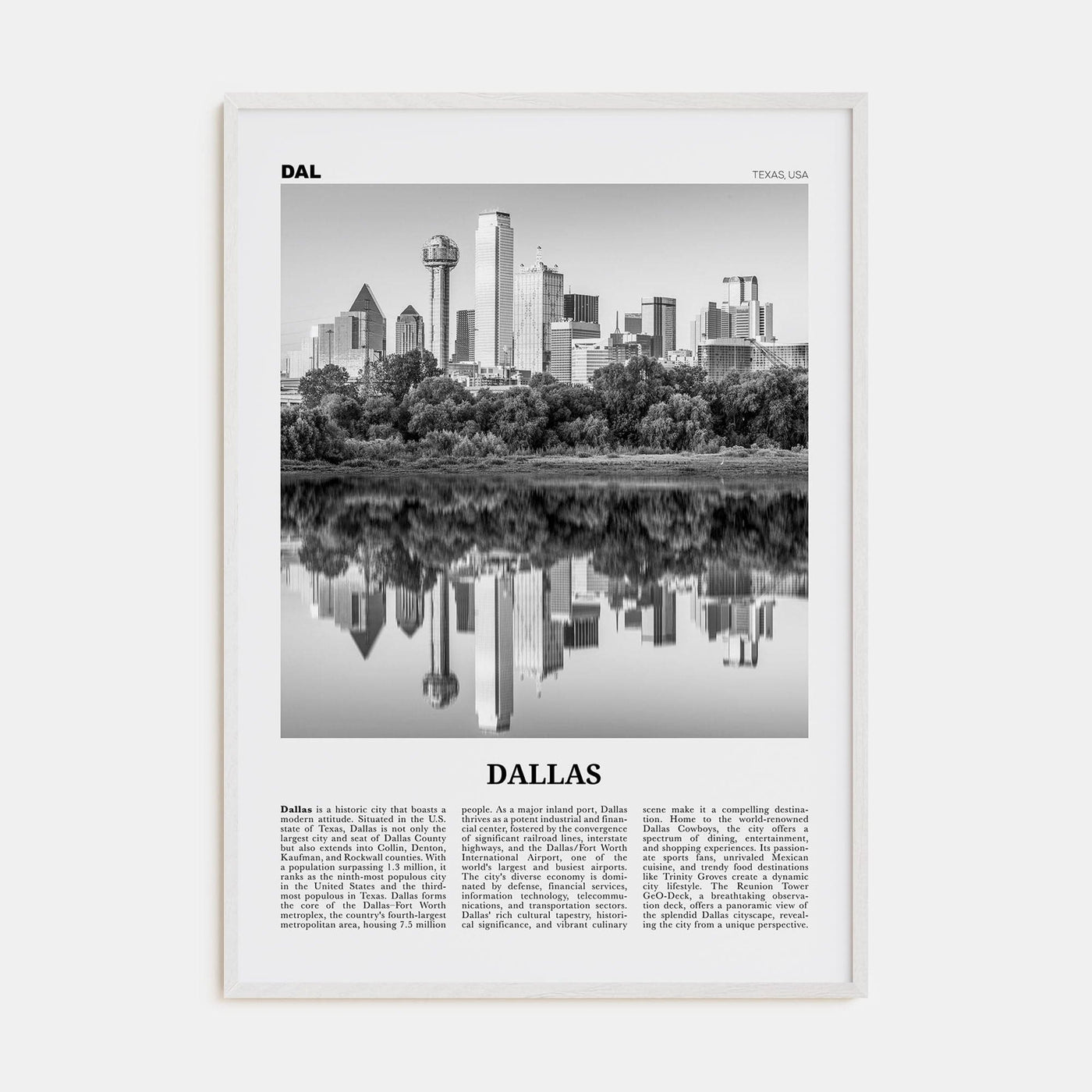 Dallas No 1 Poster White Wood / 8x12 in Nbourhood Travel B&W Poster