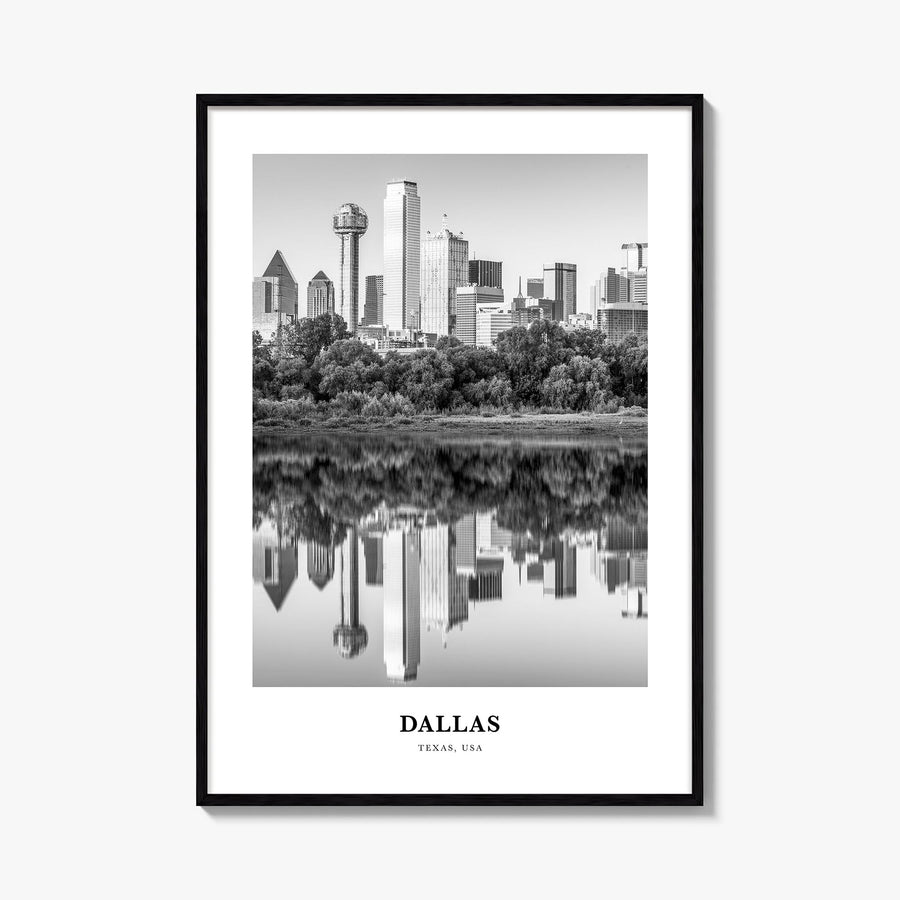 Dallas no. 2 black & white classic poster of Texas, USA – vertical wall art, unframed print shown in interior mockup