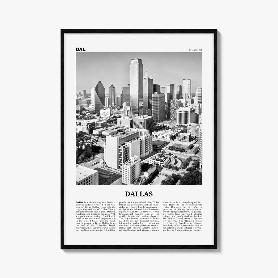 Dallas no. 2 black & white newspaper poster of Texas, USA – vertical wall art, unframed print shown in interior mockup