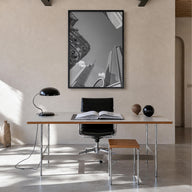 Dallas no. 2 black & white photo poster of Texas, USA – vertical wall art in black wood frame, hanging on wall