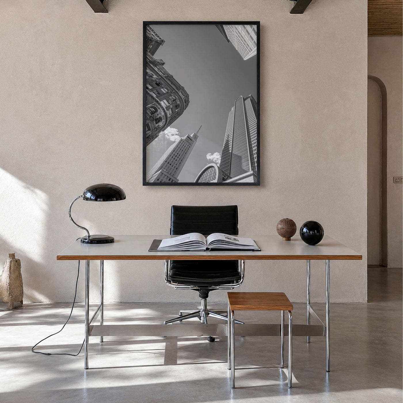 Dallas no. 2 black & white photo poster of Texas, USA – vertical wall art in black wood frame, hanging on wall