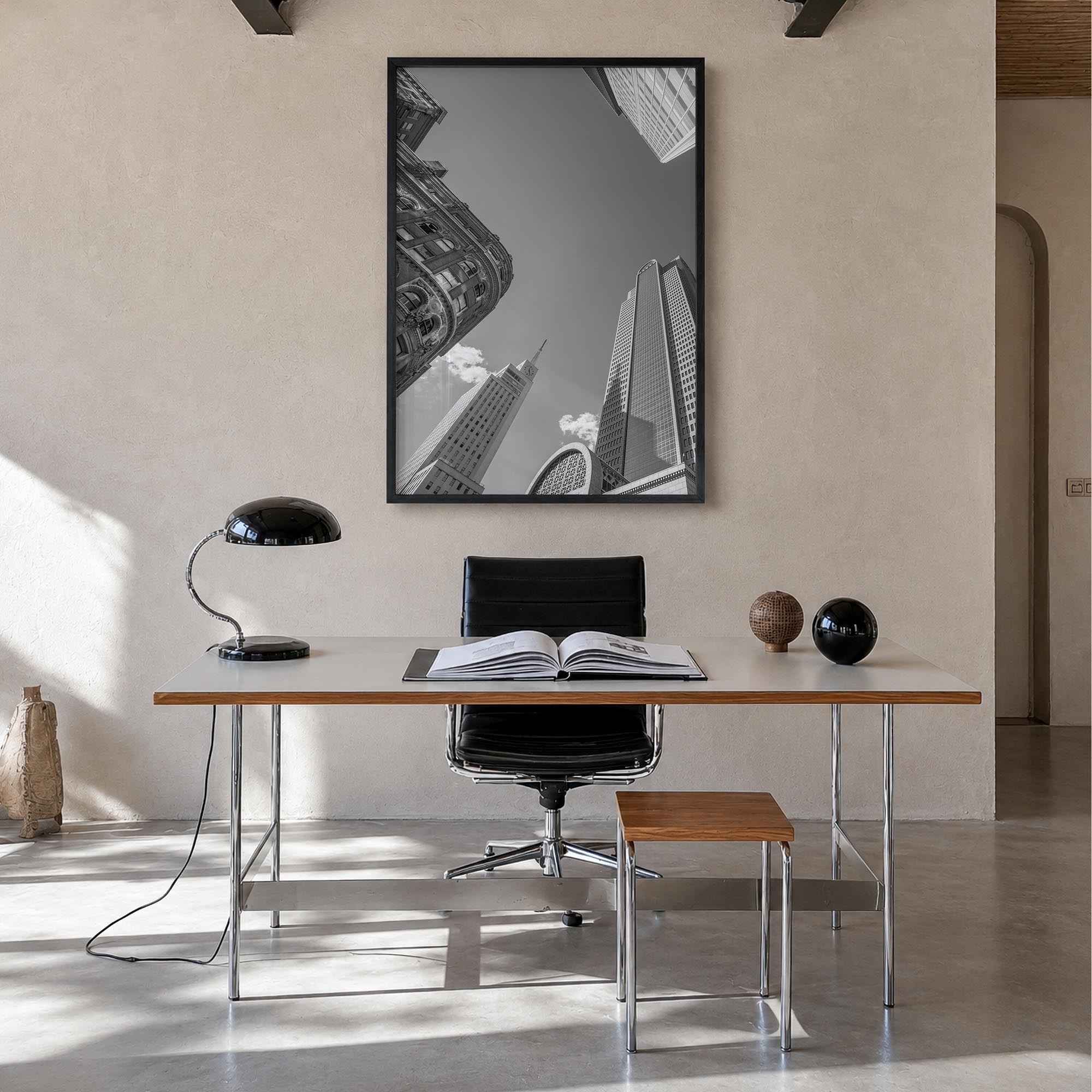 Dallas no. 2 black & white photo poster of Texas, USA – vertical wall art in black wood frame, hanging on wall