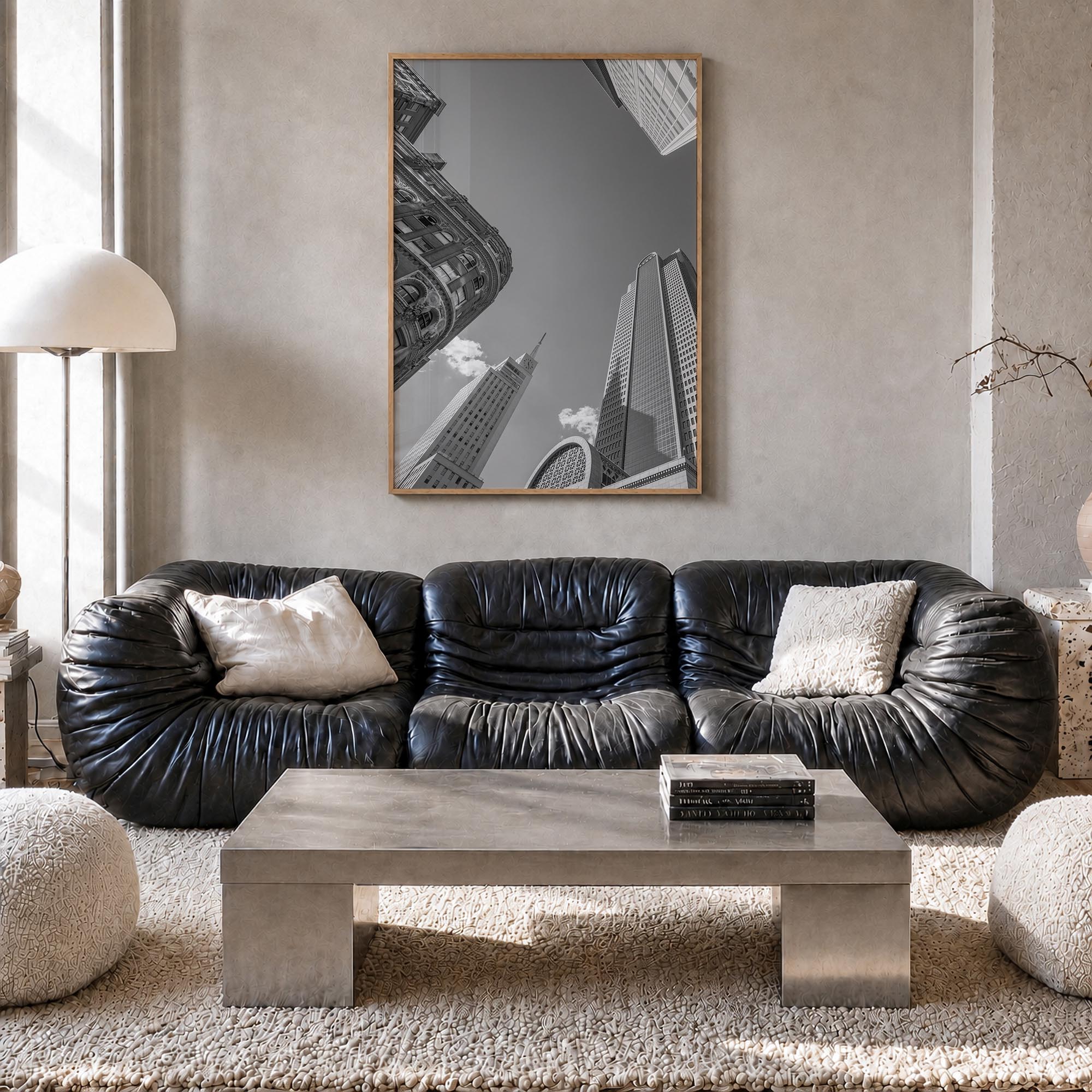 Dallas no. 2 black & white photo poster of Texas, USA – vertical wall art in natural wood frame, hanging on wall