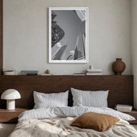 Dallas no. 2 black & white photo poster of Texas, USA – vertical wall art in white wood frame with white border, hanging on w
