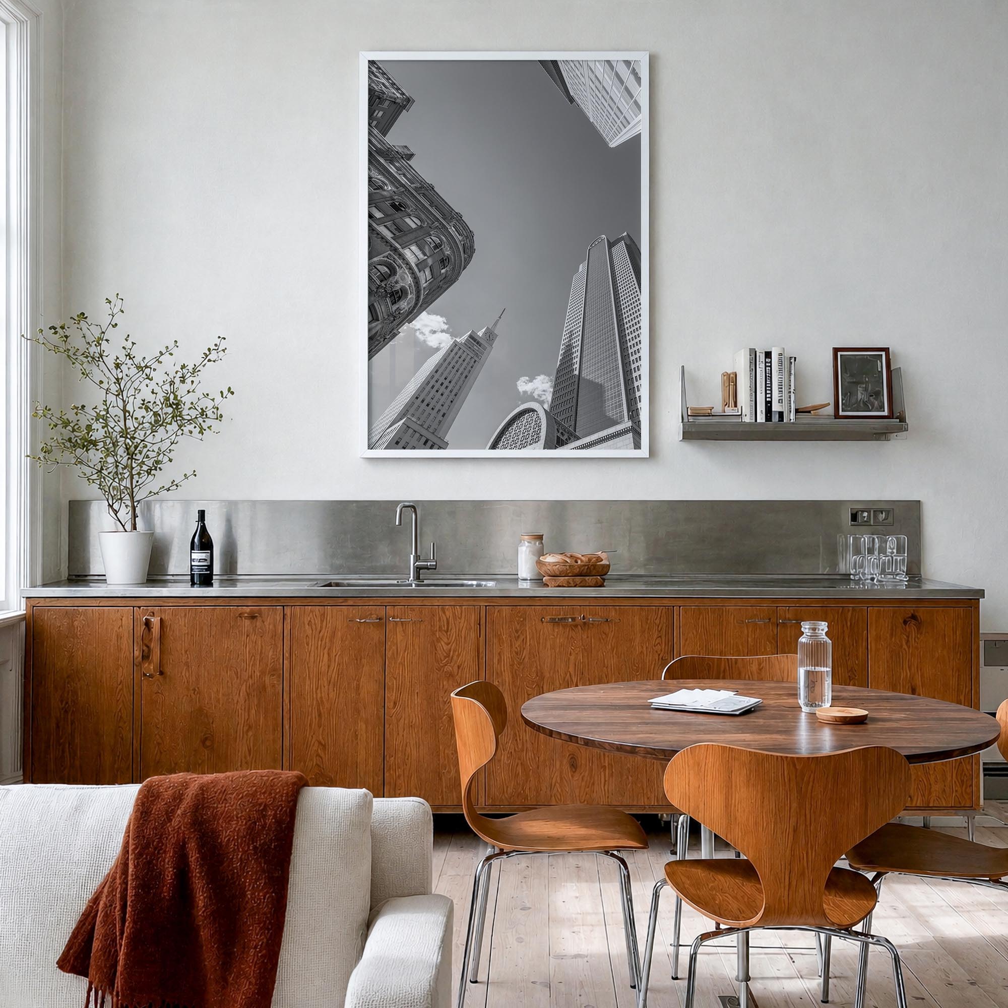 Dallas no. 2 black & white photo poster of Texas, USA – vertical wall art in white wood frame, hanging on wall