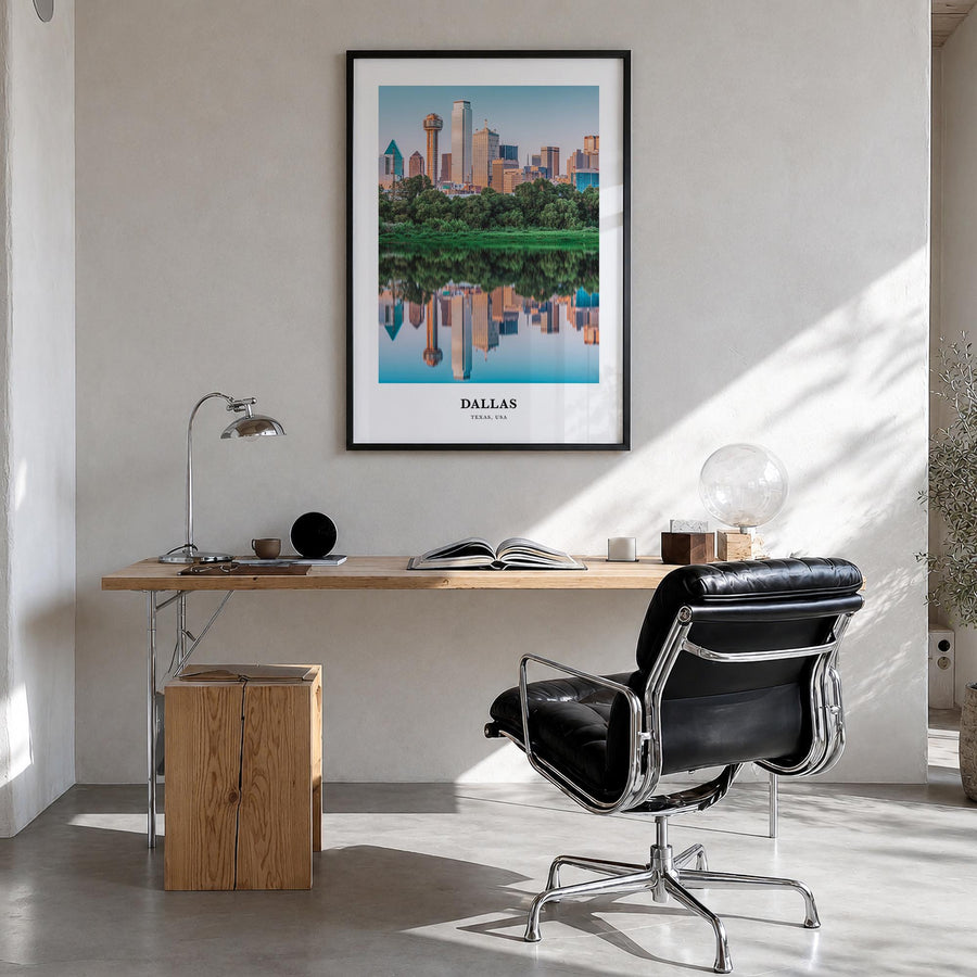 Dallas no. 2 colorful classic poster of Texas, USA – vertical wall art in black wood frame, hanging on wall