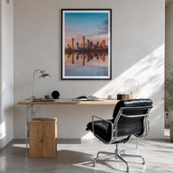 Dallas no. 2 colorful photo poster of Texas, USA – vertical wall art in black wood frame with white border, hanging on wall