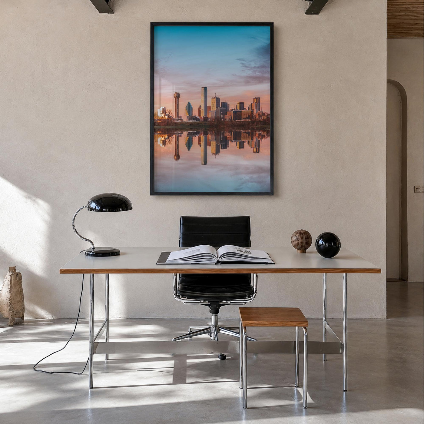 Dallas no. 2 colorful photo poster of Texas, USA – vertical wall art in black wood frame, hanging on wall